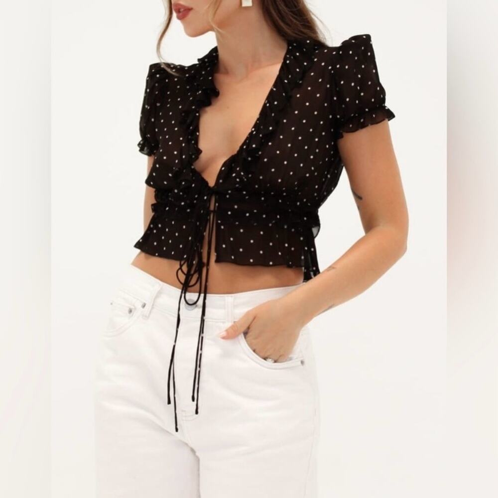 Rumored Black Polka Dot Tie-Front Ruffle Crop Top